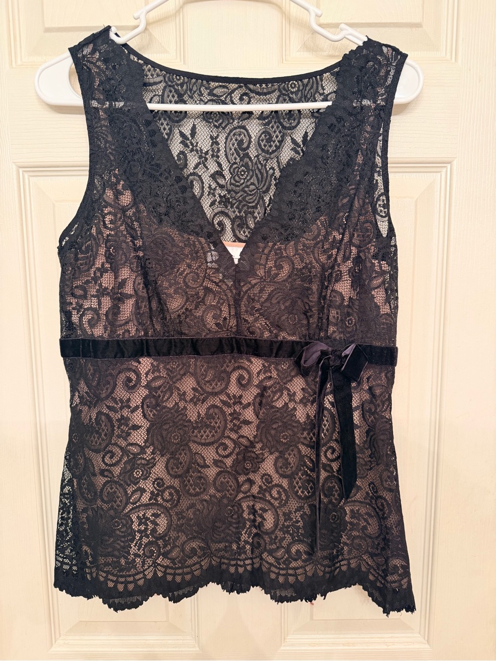 LOFT Black Lace V-Neck Camisole with Satin Waist Tie